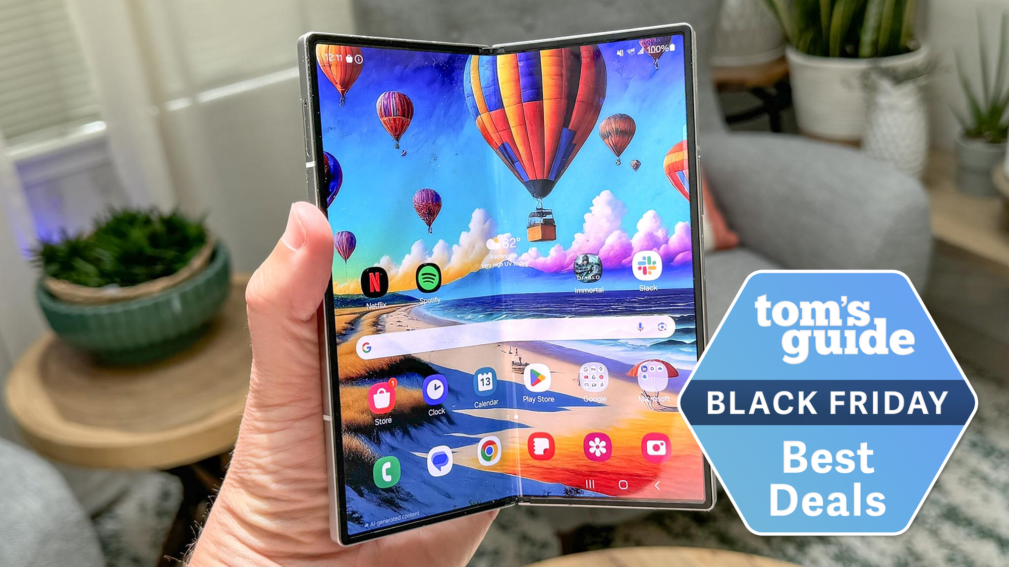 samsung galaxy z fold 6 unfolded with home screen on display with a deal tag for black friday