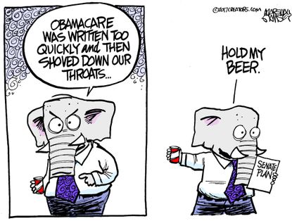 Political cartoon U.S. Senate health care reform hold beer