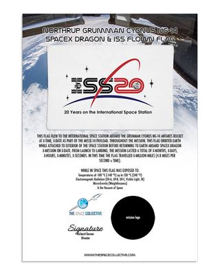 An example of the type of certificate that will accompany the flags flown to the International Space Station by The Space Collective. In addition to the NASA "ISS 20" flag pictured, the company is also offering country, state and NASA logo flags.