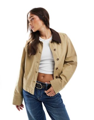 Asos Design Contrast Collar Jacket in Stone