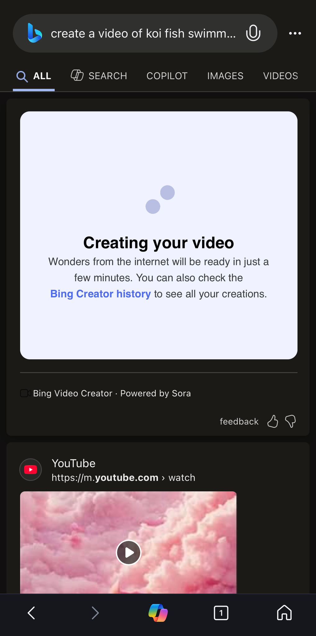 Screenshots depicting a user generating a video clip using Sora in Bing.