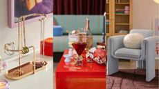 Three pictures: one of a gold jewelry stand, one of a cocktail glass on a red table, and one of a blue accent chair