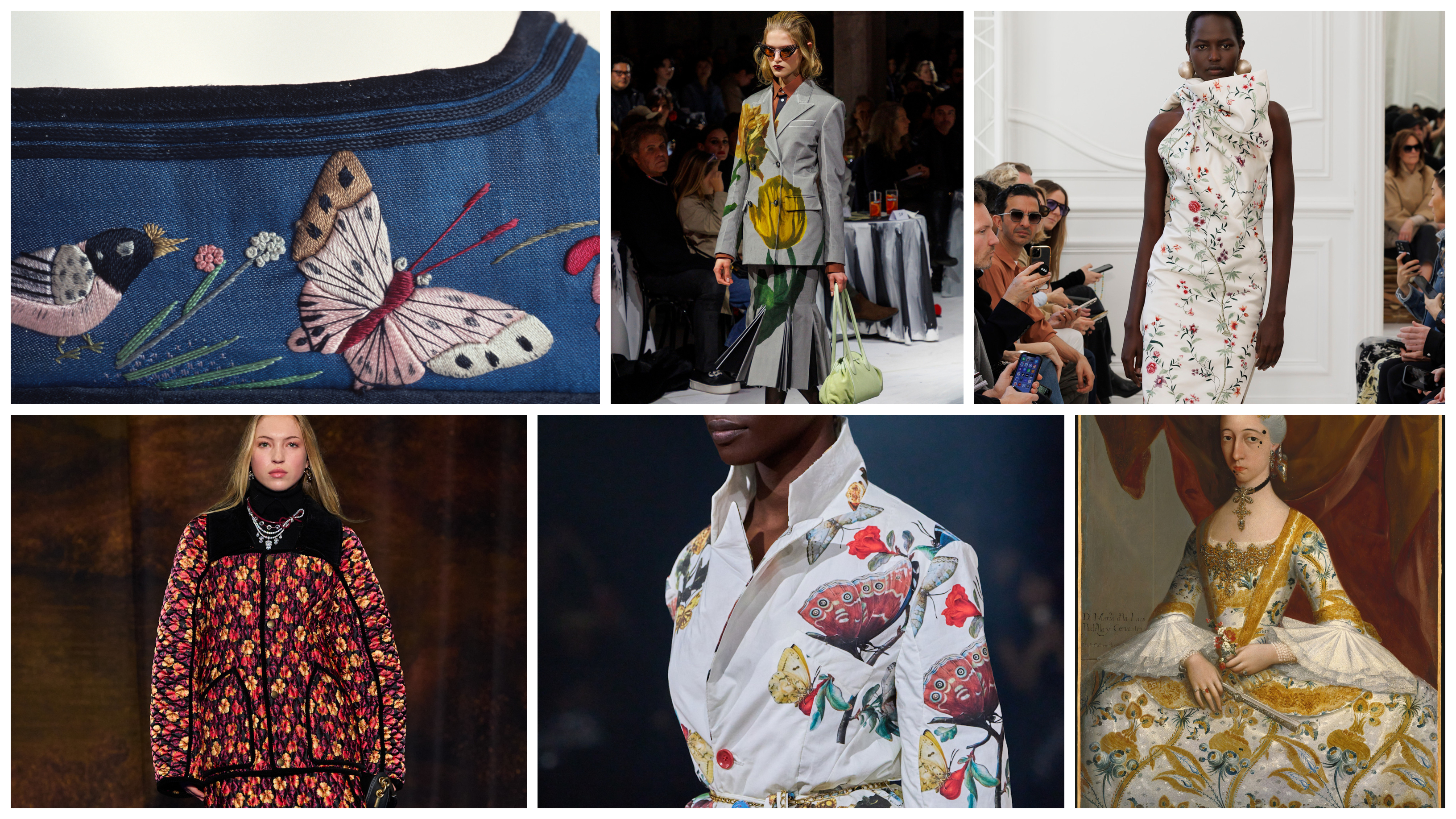 a collage of flower and butterfly motifs at Fall 2025 shows from Marni, Givenchy, Burberry, and Undercover with Chinese shoes