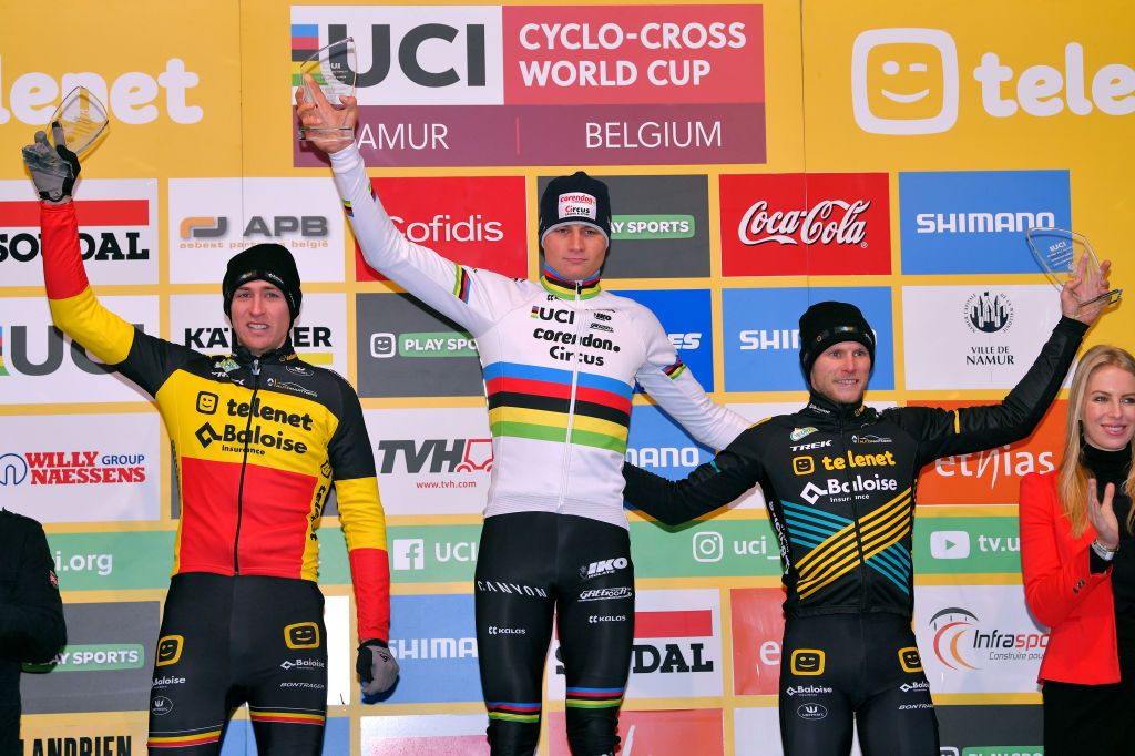 NAMUR BELGIUM DECEMBER 22 Podium Toon Aerts of Belgium and Team Telenet Baloise Lions Mathieu Van Der Poel of The Netherlands and Team Corendon Circus Corne Van Kessel of The Netherlands and Team Telenet Baloise Lions Celebration Trophy during the 11th Namur World Cup 2019 UCICX TelenetUCICXWC on December 22 2019 in Namur Belgium Photo by Luc ClaessenGetty Images