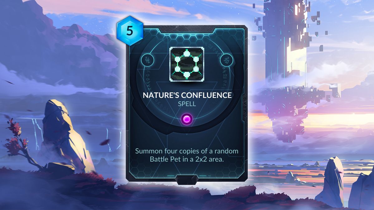 Nature's Confluence (Magmar) &mdash; Nature's Confluence is a hard card to judge until we've seen all of the possible Battle Pets, but the ability to summon four minions (that I'm told are "all strong") at once can't be underestimated. You still won't be able to control them, however, and Counterplay said they end up sort of "fanning out" from the spot you summoned them.