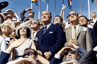 Six months after leaving the White House, Lyndon B. Johnson becomes the first President of the United States to attend a launch, the liftoff of the Apollo 11 mission on July 16, 1969.