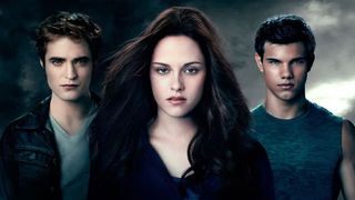 A promo shot for the Twilight movie of the three main characters, Edward, Bella and Jacob, staring solemnly at the camera.
