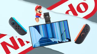 Graphical illustration of Nintendo character Mario hitting the Nintendo Switch 2 with a mallet and breaking it.