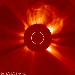 The Solar Heliospheric Observatory (SOHO) captured the coronal mass ejection (CME) from a huge solar flare on Jan. 23, 2012.