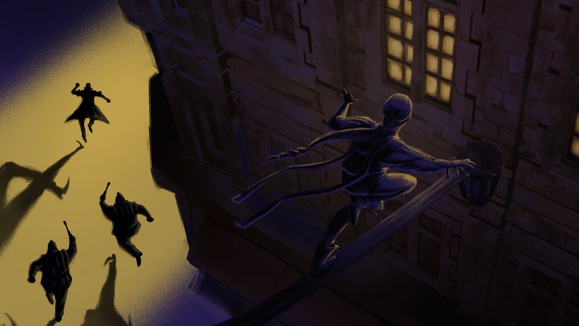 One thief climbs to a window as another is chased through the streets below