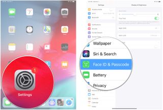 Set up Face ID on iPad Pro by showing: Launch Settings, then tap Face ID and Passcode