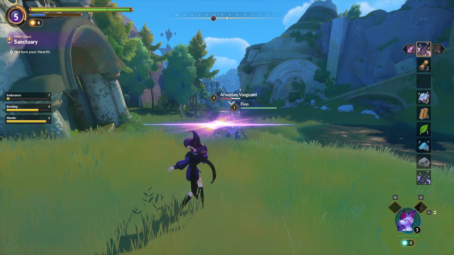 Various screenshots from Witchspire, displaying gameplay elements such as crafting, survival, and combat.