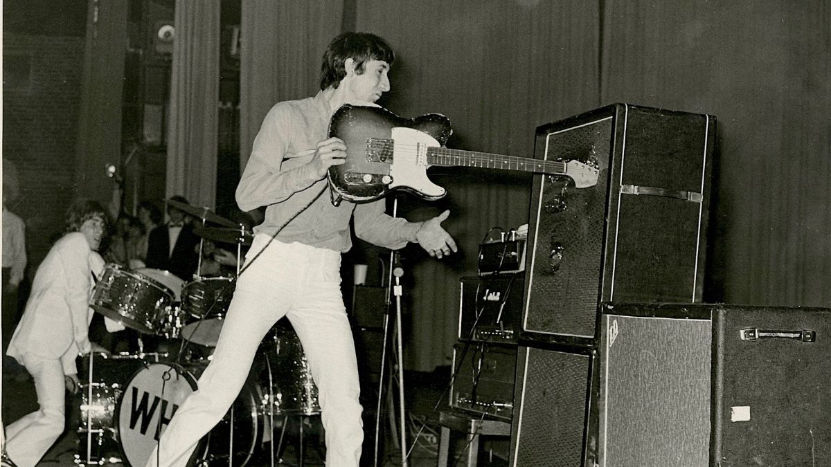 Pete Townshend of The Who smashes a Fender Telecaster guitar into the speaker cab of his amplifier during a concert at the Oberrheinhalle, Offenburg, Germany, 17th April 1967.
