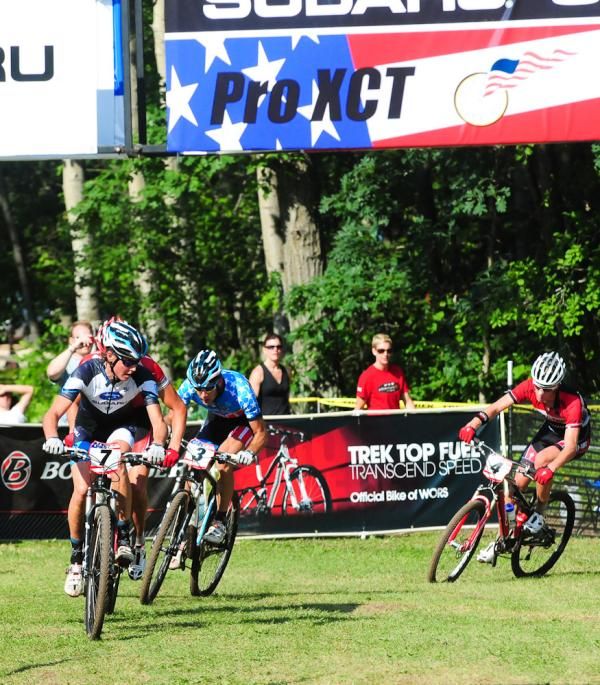 Sam Schultz leading Todd Wells, Jeremy Horgan-Kobelski, and Max Plaxton through the start/finish with one lap to go.