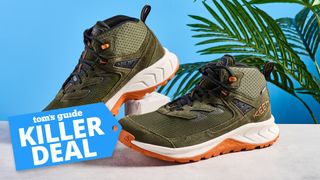 Keen Hightrail boots against a blue background with a Tom's Guide deal tag on the left of the image