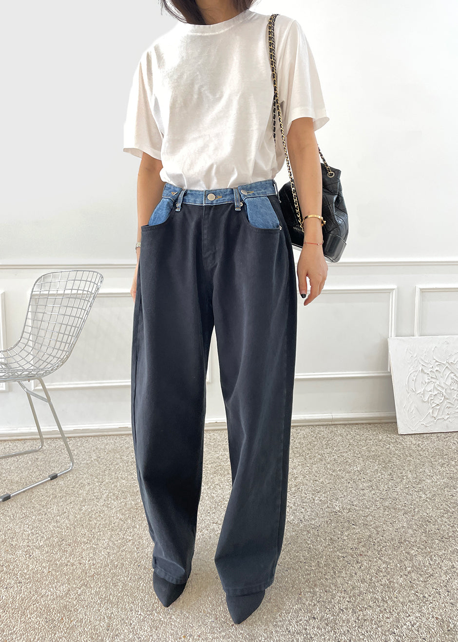 Hayla Contrast Denim Pants - Black/blue
