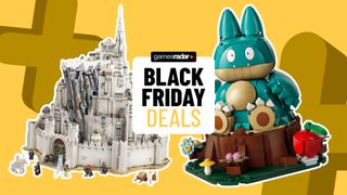 Lego Minas Tirith and Munchlax sets on a yellow background, behind a GamesRadar+ Black Friday deals badge