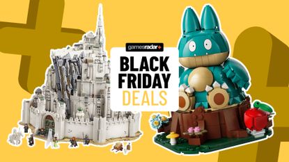 Lego Minas Tirith and Munchlax sets on a yellow background, behind a GamesRadar+ Black Friday deals badge