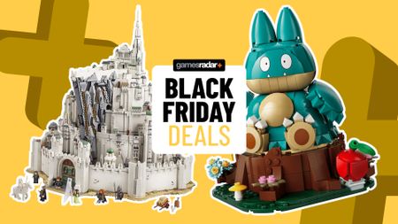 Lego Minas Tirith and Munchlax sets on a yellow background, behind a GamesRadar+ Black Friday deals badge