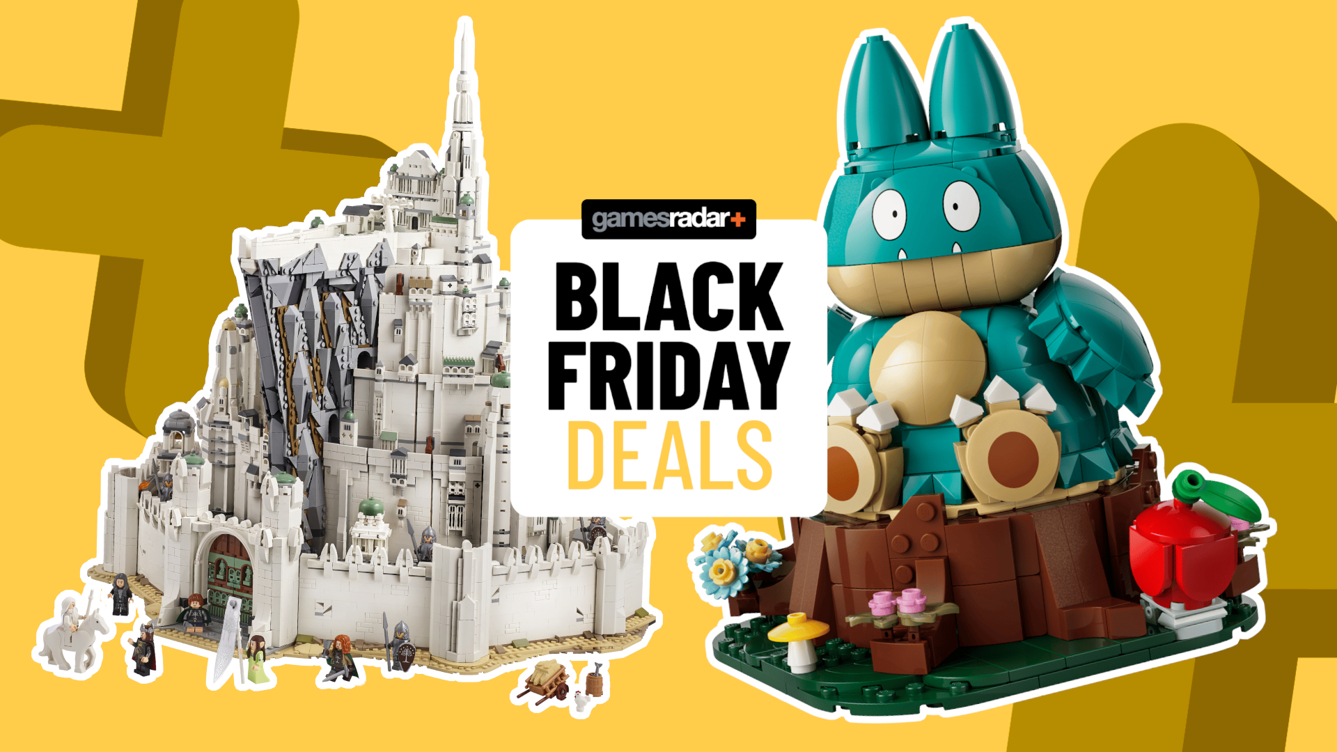 Lego Minas Tirith and Munchlax sets on a yellow background, behind a GamesRadar+ Black Friday deals badge