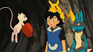 Ash, Pikachu, Lucario and Mew in Lucario And The Mystery Of Mew.