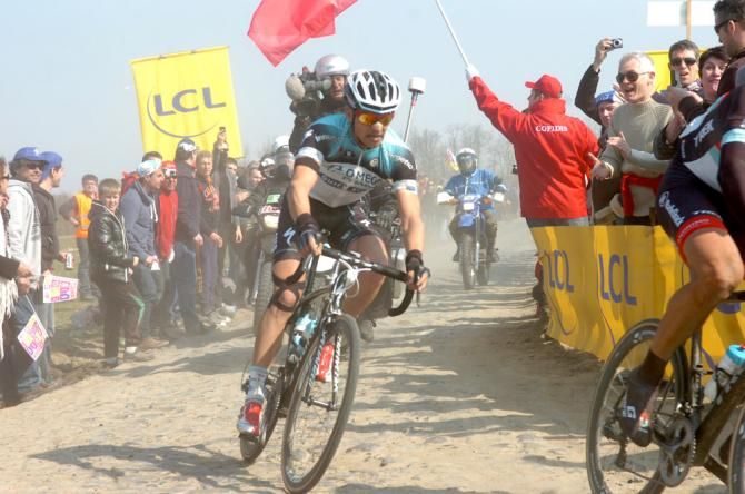 With Vanmarcke and Vandenbergh up the road, Zdenek Stybar (Omega Pharma-QuickStep) was the only rider to stay with Cancellara as he rode across to the two leaders in the Paris-Roubaix endgame.
