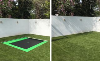 Trampoline in ground with grass half covering it