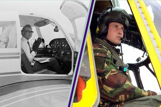 Prince William of Gloucester flying a plane, split layout with Prince William of Wales, flying a helicopter