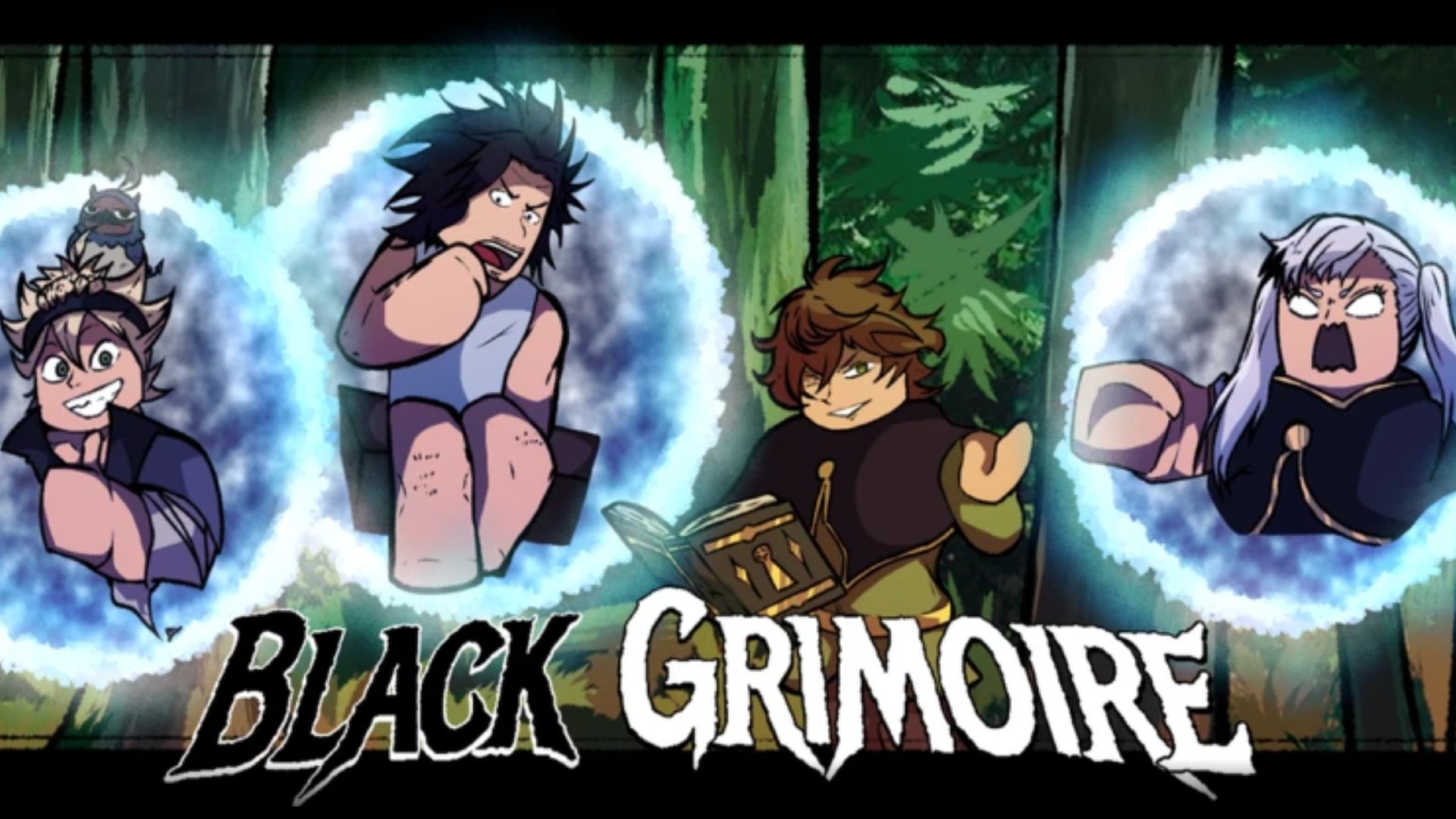 Four characters in the promotional art for Black Grimoire.