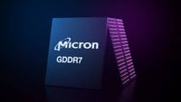 A promotional image of two Micron GDDR7 memory modules against a dark background