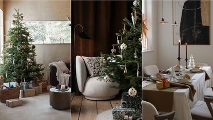 Scandinavian Christmas decor ideas. Minimalist living room with christmas tree, close up of christmas tree and cozy lounge chair, minimalist table setting.