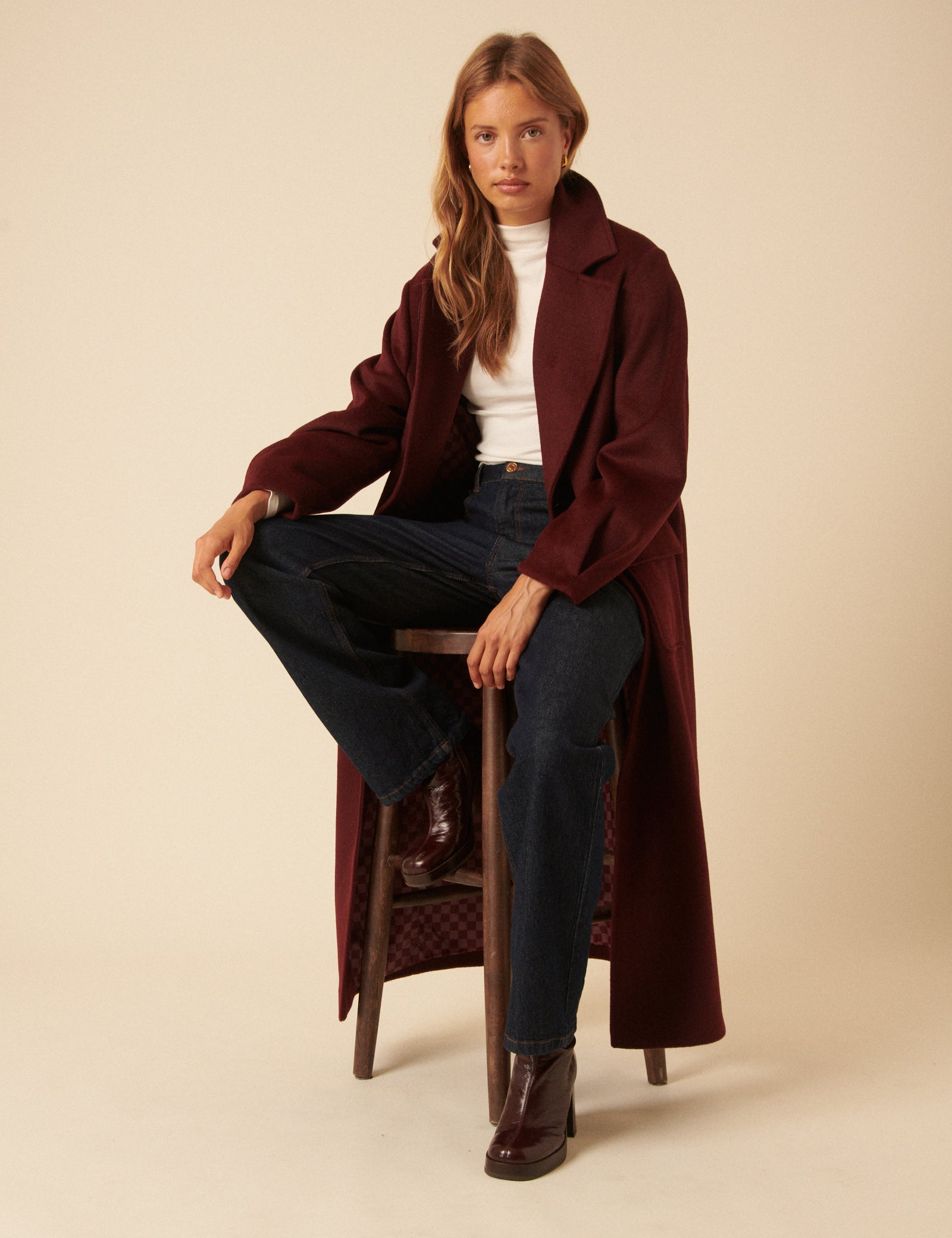 Nc X Lisou Burgundy Wool Blend Tailored Longline Coat