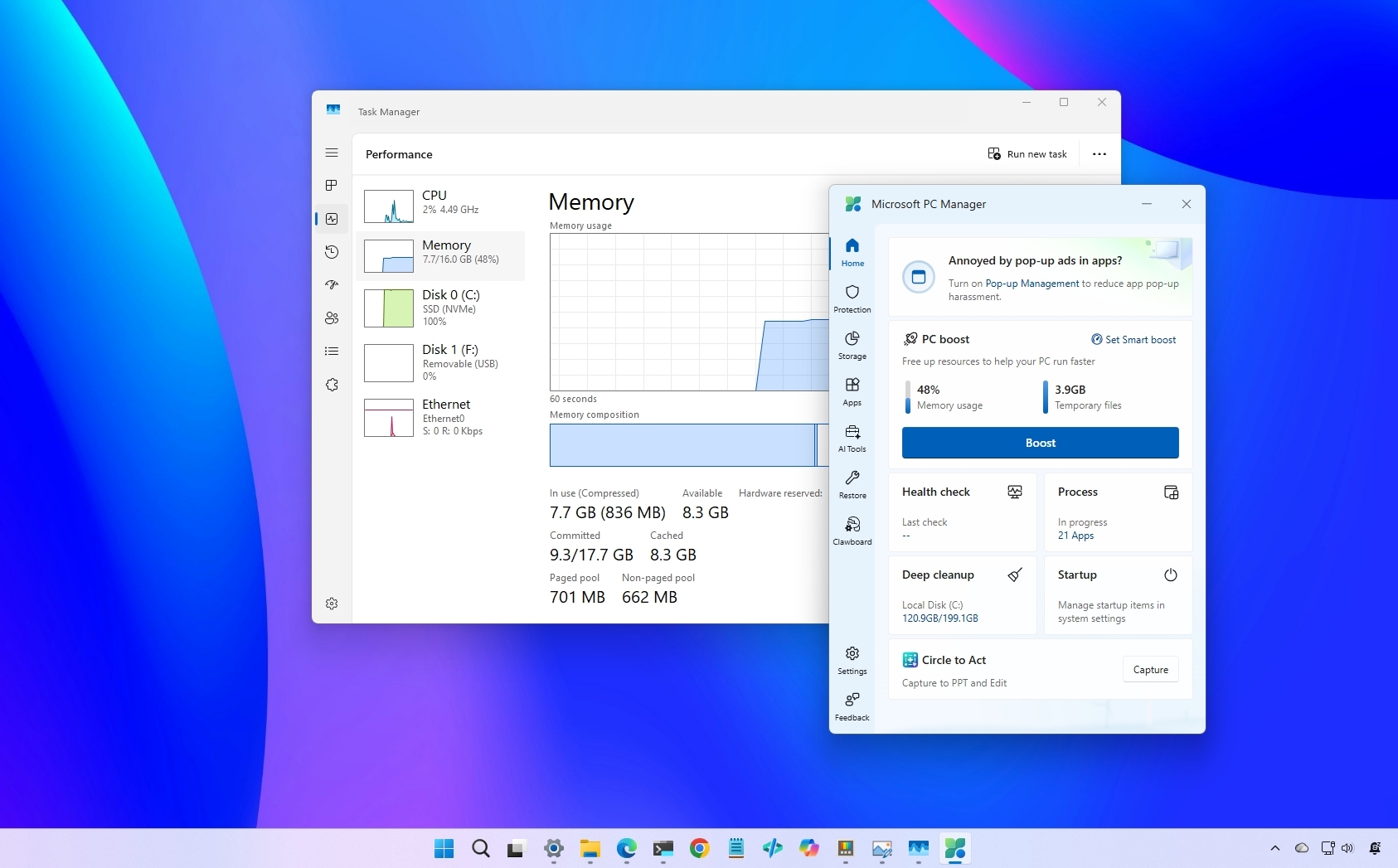 Windows 11 desktop showing Task Manager and PC Manager.