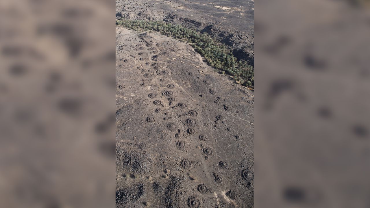 Here, part of a funerary avenue in Saudi Arabia, flanked by pendant-shaped stone tombs.