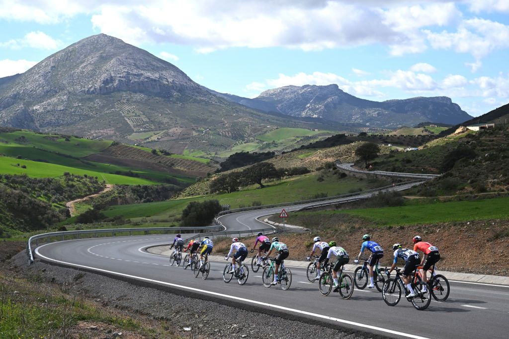 LA LINEA DE LA CONCEPCION SPAIN FEBRUARY 22 LR Toon Clynhens of Belgium and Team Flanders Baloise Alan Jousseaume of France and Team TotalEnergies Diego Uriarte of Spain and Team Equipo Kern Pharma Emils Liepins of Latvia and Q365 Pro Cycling Team Joel Nicolau of Spain and Team Caja Rural Seguros RGA and Callum Scotson of Australia and Decathlon AG2R La Mondiale Team compete in the breakaway during the 71st Vuelta a Andalucia Ruta Ciclista Del Sol 2025 Stage 4 a 1943km stage from Cordoba to Alhaurin de la Torre on February 22 2025 in La Lnea de la Concepcion Spain Photo by Szymon GruchalskiGetty Images