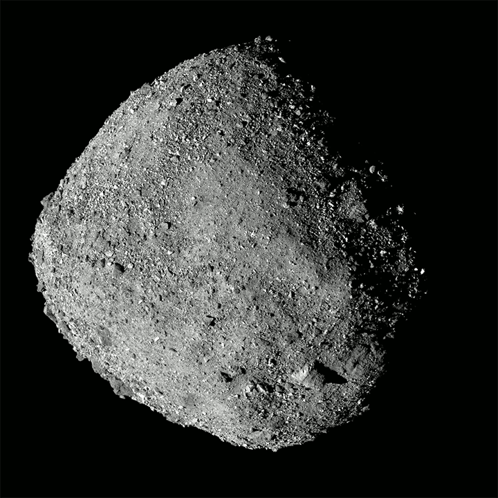 The entire surface of the near-Earth asteroid Bennu revealed in a composite image captured by the OSIRIS-REx spacecraft.