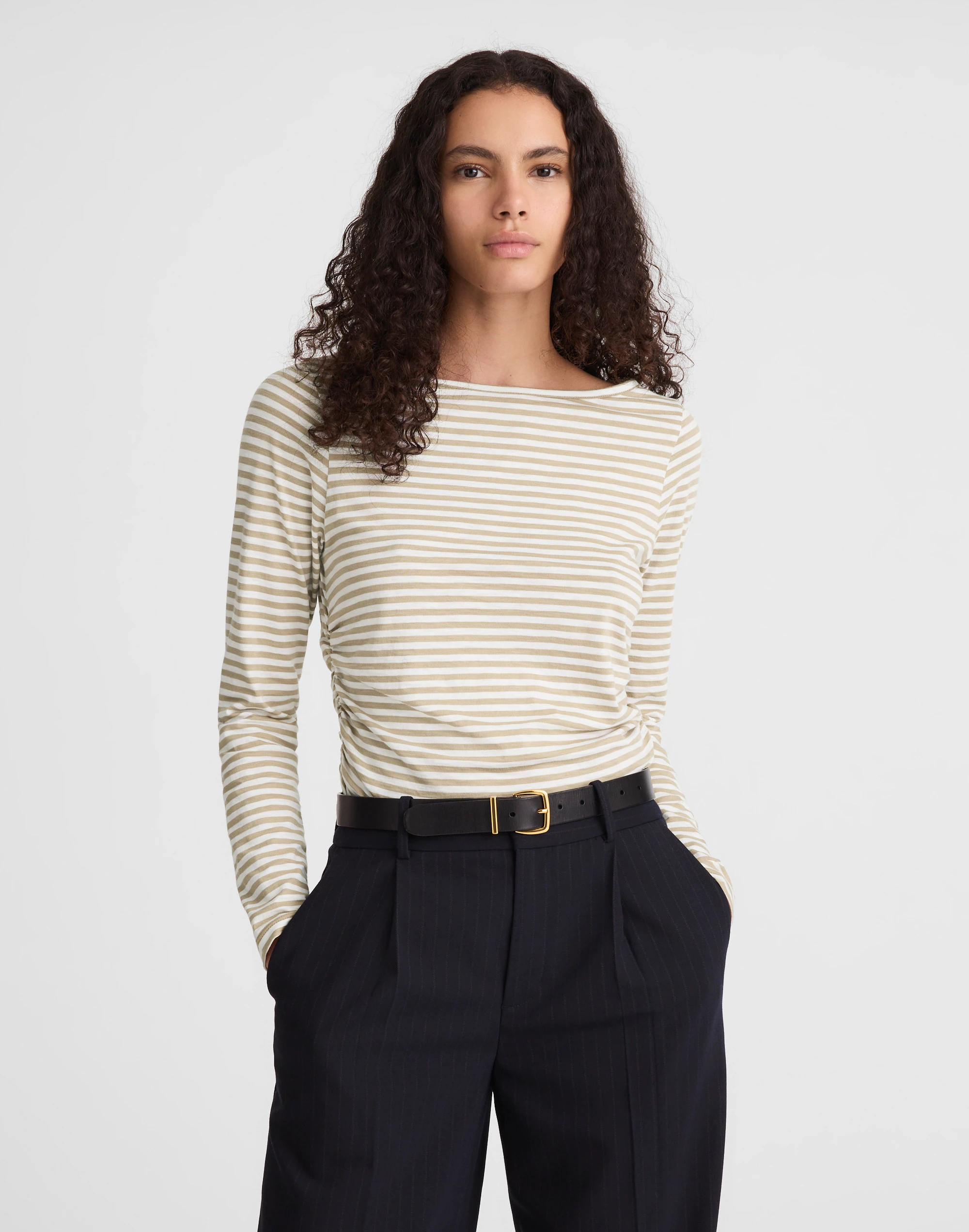 Ruched Crewneck Long-Sleeve Tee in Soft Slub