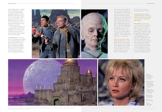 images of four pages from an upcoming book, which features text and photos from old "star trek" movies and tv shows.