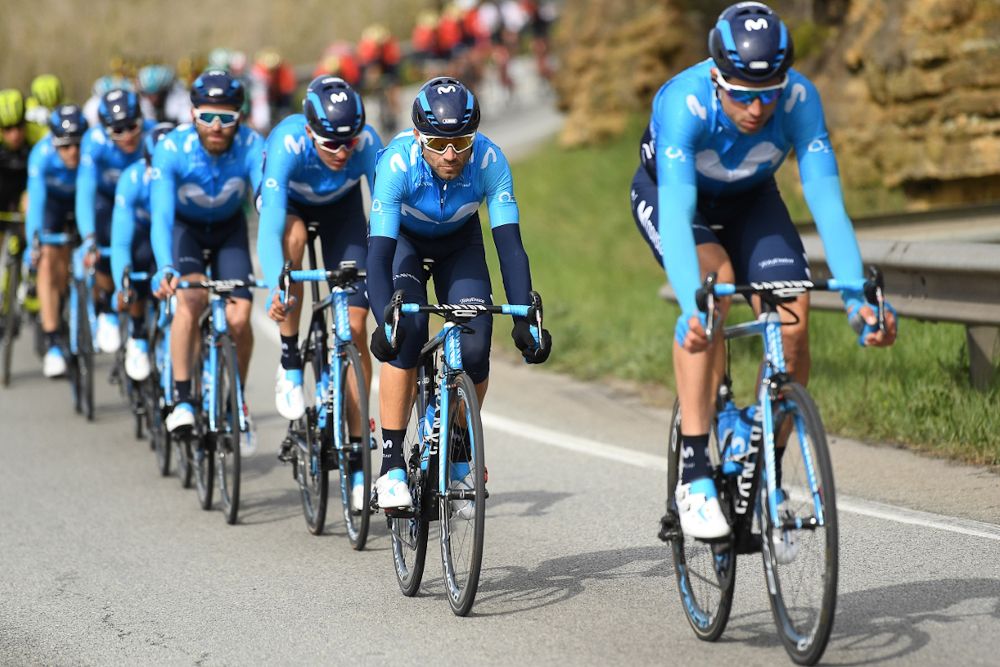 Movistar ride in formation during stage 2 at Volta a Catalunya