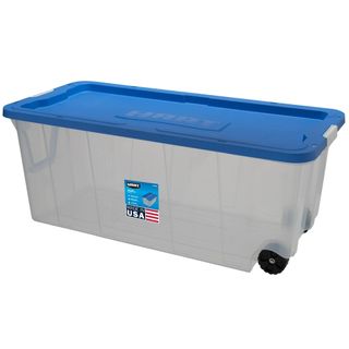 plastic bin with blue lid and wheels