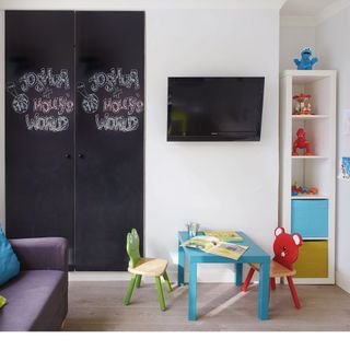 kids playroom with chalkboard painted cupboard