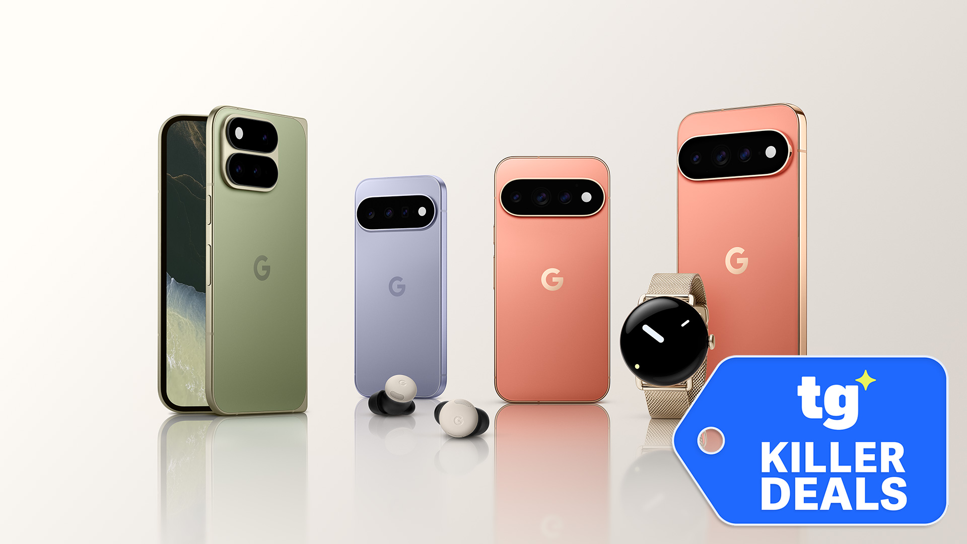 From left to right, Google's Pixel 11 Pro Fold, Pixel 11, Pixel 11 Pro, Pixel Watch 5 and Pixel 11 Pro XL