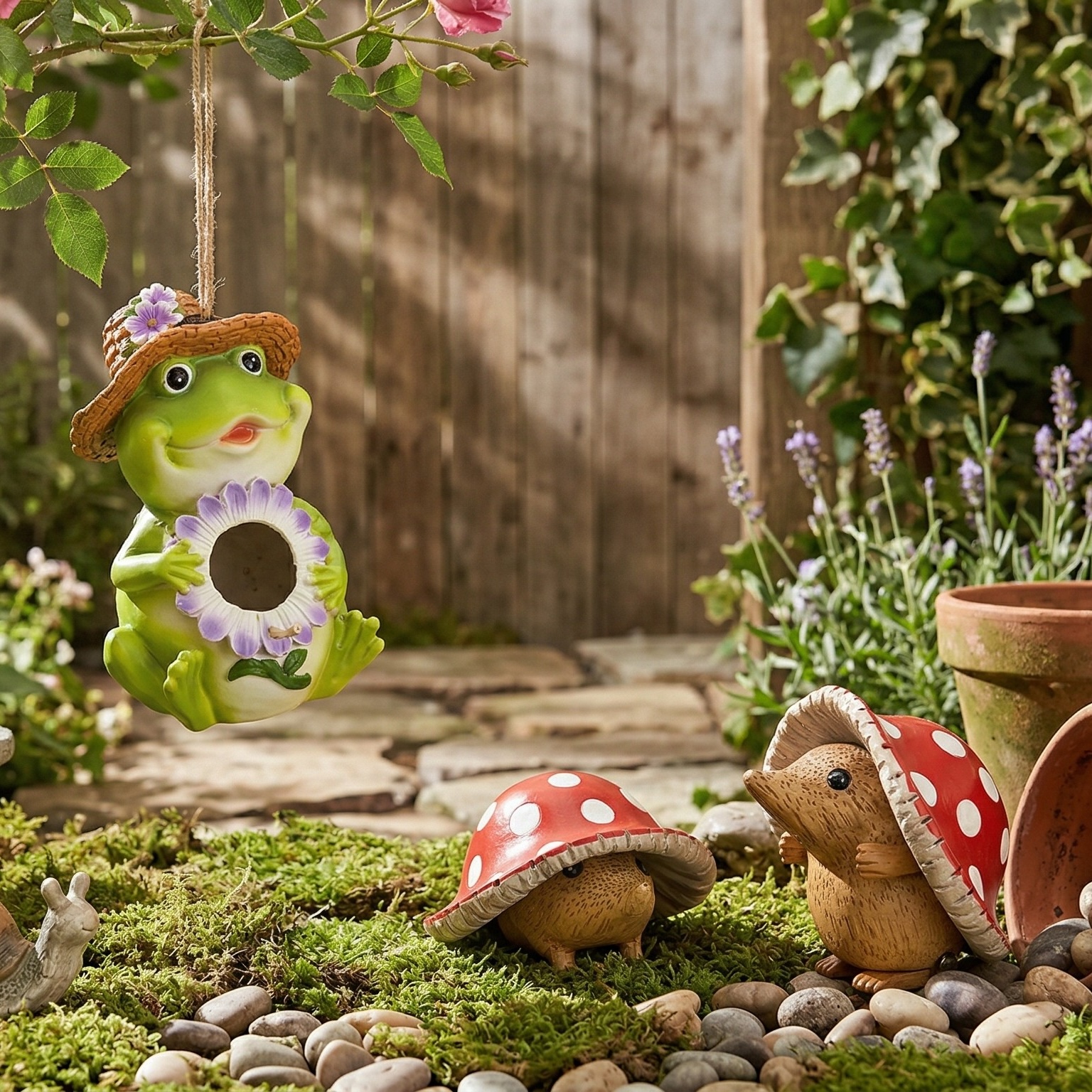 Frog and hedgehog figurines in garden.