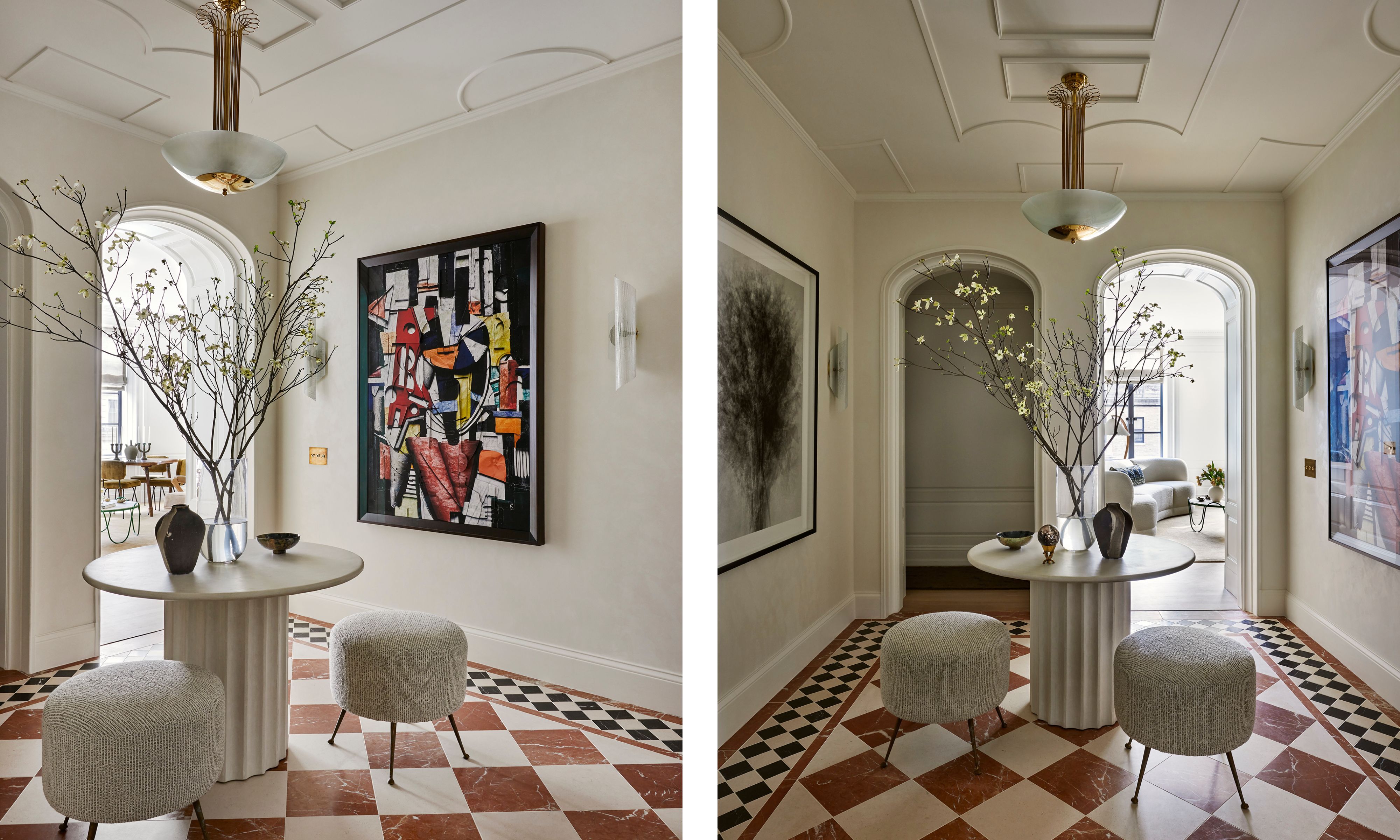 Checkered tiles and arched openings define the inspired entryway