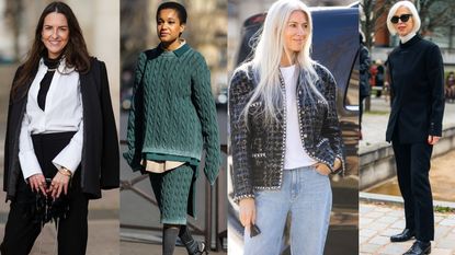 wardrobe essentials: shown via a composite of four street style shots of women wearing key wardrobe pieces