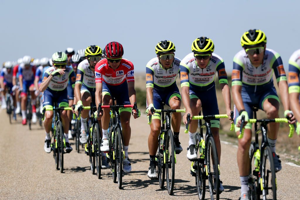 MOLINA DE ARAGON SPAIN AUGUST 17 LR Rein Taarame of Estonia red leader jersey and Christian Odd Eiking of Norway and Team Intermarch Wanty Gobert Matriaux compete during the 76th Tour of Spain 2021 Stage 4 a 1639km stage from El Burgo de Osma to Molina de Aragn 1134m lavuelta LaVuelta21 on August 17 2021 in Molina de Aragn Spain Photo by Gonzalo Arroyo MorenoGetty Images