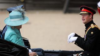 Prince Harry jokes with Queen Camilla during Trooping the Colour 2019