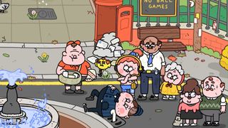 A screenshot from video game Thank Goodness You're Here! showing the protagonist salesman surrounded by a crowd of people