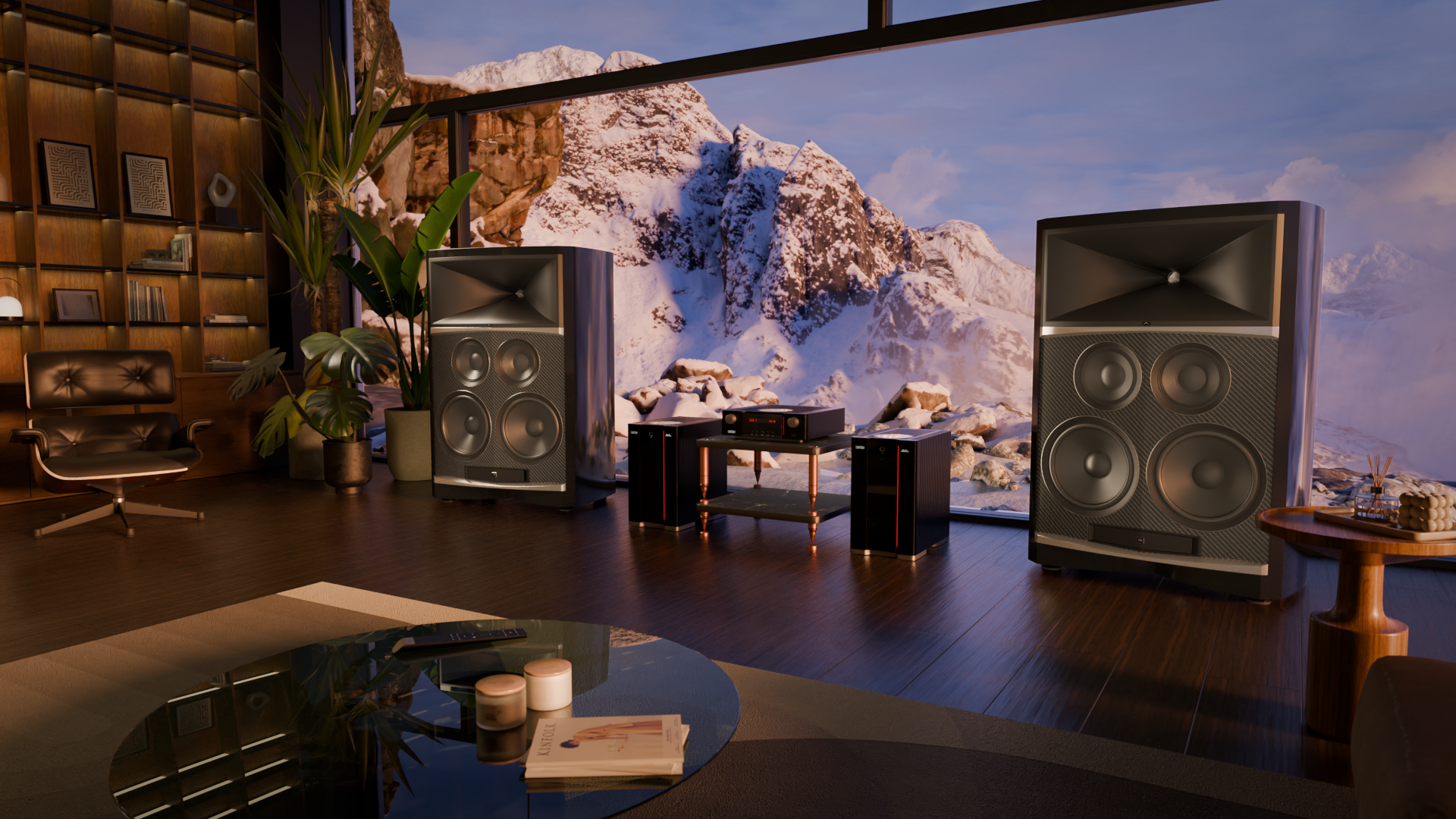 JBL Summit Everest loudspeakers in a listening room flanking a hi-fi set-up 