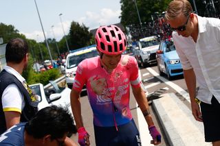 Tejay van Garderen gets up after crashing during stage 7 at the Tour de France
